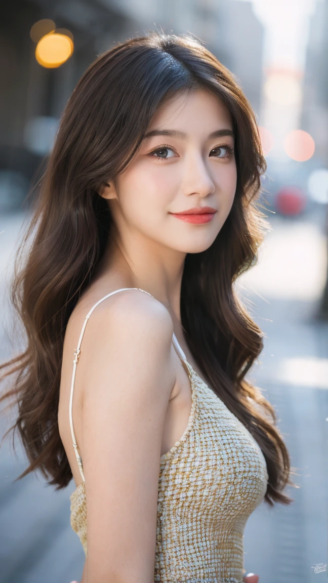 (8k, RAW photograph, highest quality, masterpiece:1.3),(Genuine,photograph:1.37),(Looking at the audience:1.331),Pause,One girl,とてもbeautiful顔,small,Hair weight,Fluffy hair,Random representation,Smile with the corners of your mouth,Big eyes,highest quality Hair,((highest quality)), ((masterpiece)), (detailed), whole body、wallpaper、Attention to detail、Perfect balance、Tight waist、Chestnut Hair、beautiful, Beautiful Skin、beautiful white skin、Russian Beauty、(masterpiece:1.3), 一眼レフphotograph、Best image quality: 1.4, (Rough long hairstyle:1.2)、Soft bust、Cleavage:1.4、Loose-fitting clothing