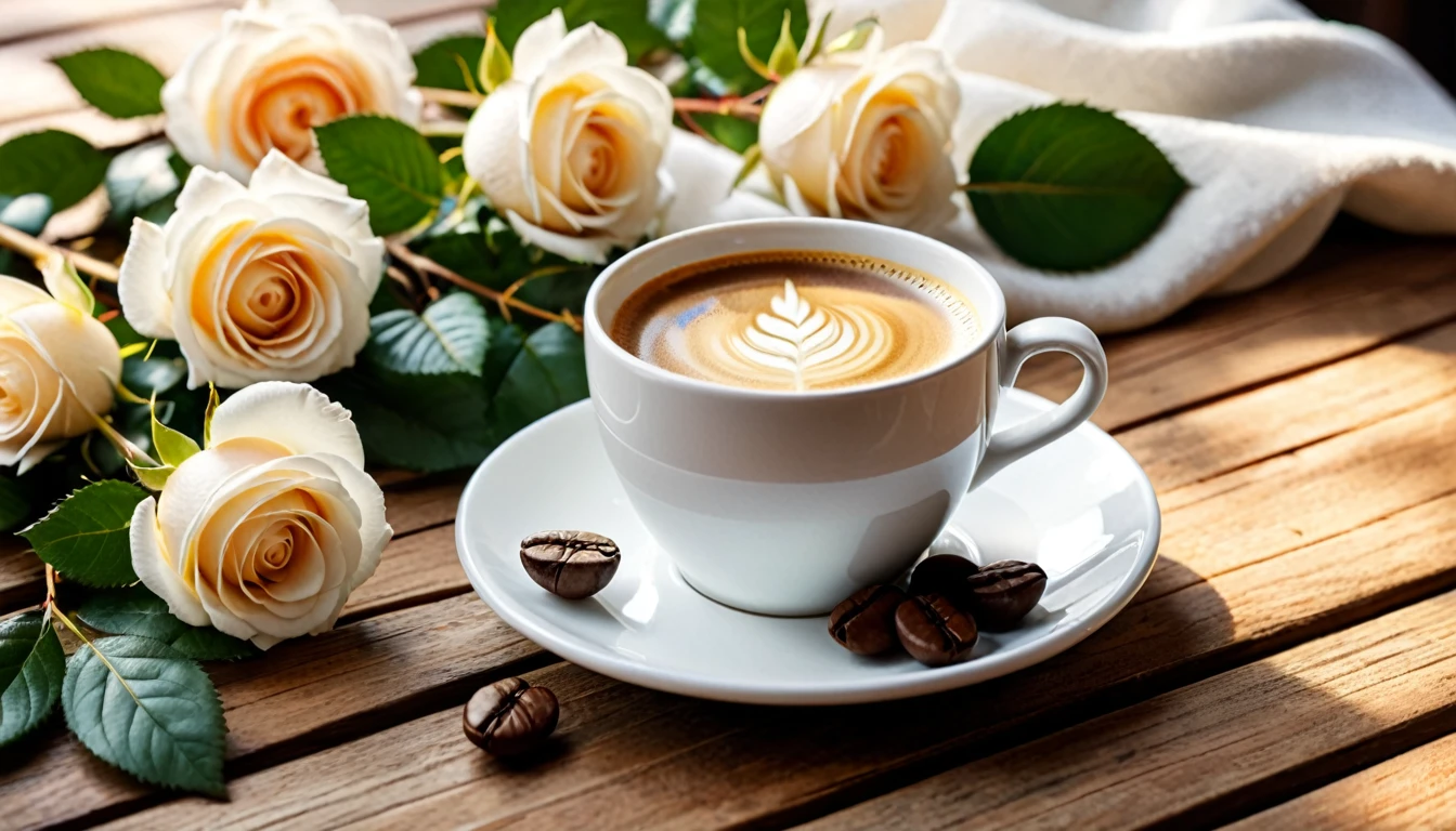 Best still life composition(best quality,4K,8K,high resolution,masterpiece:1.2),Super detailed,(Practical,photoPractical,photo-Practical:1.37),Coffee smoking slightly in white ceramic cup.Artist coffee impression.Clear white gauze texture，Wrinkles arranged randomly...Sophisticated and elegant.Bouquet of bright white roses flat lay from above(Lying flat on the table)..Fresh coffee beans on a modern wooden bench.Core and Texture. Freshness and flavor.Super detailed.（super quality，Super detailed，Super complex，Extremely complex）Soft and natural light and shadow.Reverse fragrance.No humans.Ultra wide angle, (Detailed texture),Background covered with film grain, Natural soft lighting,(Morning Scene.warm sunshine in the morning)Ray tracing, Vignette, Wide-angle lens, Ultra wide angle, best qualitycinematic lighting, Depth of Field, Outside the border, Negative Space, Letterbox header image