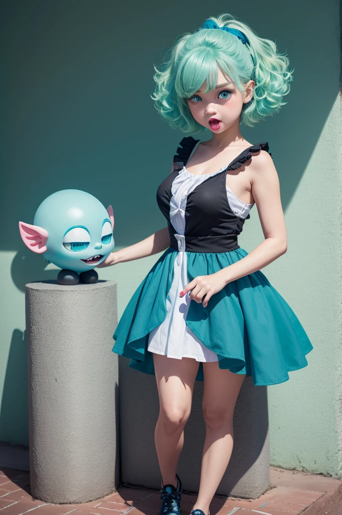 Disney girl character, 3D Disney style, blue skin color with light green hair very large giant eyes with a red mouth and a blush with a dark baby blue dress and black shoes with short curly hair