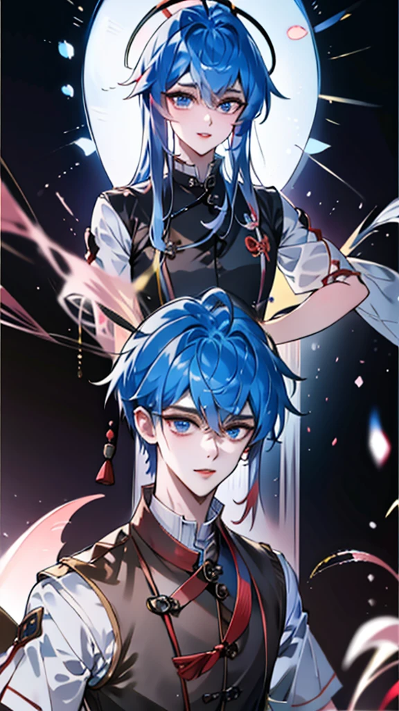 Masterpiece, Best quality, 1 Tang Wu Tong, the expression is cold, strong, blue eyes, short hair, wolfcut hairstyle, smoky mix blue color hair, resolute eyes, red lips, simple Taoist Taoist uniform, Chinese mix morden, frontal photo, black or white background, simple background, anime, illustration, hafl body, Chinese style short-sleeved shirt