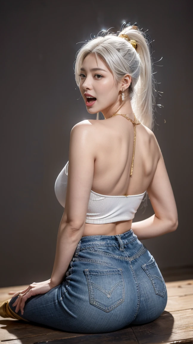 best quality,8k,Detailed facial depiction,Detailed eye description,White hair (long ponytail),beautiful Korean girl,35 years old,slim body,big chest size1:3,Sitting with legs apart,Smiling face,earrings,gold necklace , ((cowboy shot from behind)), ((she Screaming loudly in fear)).