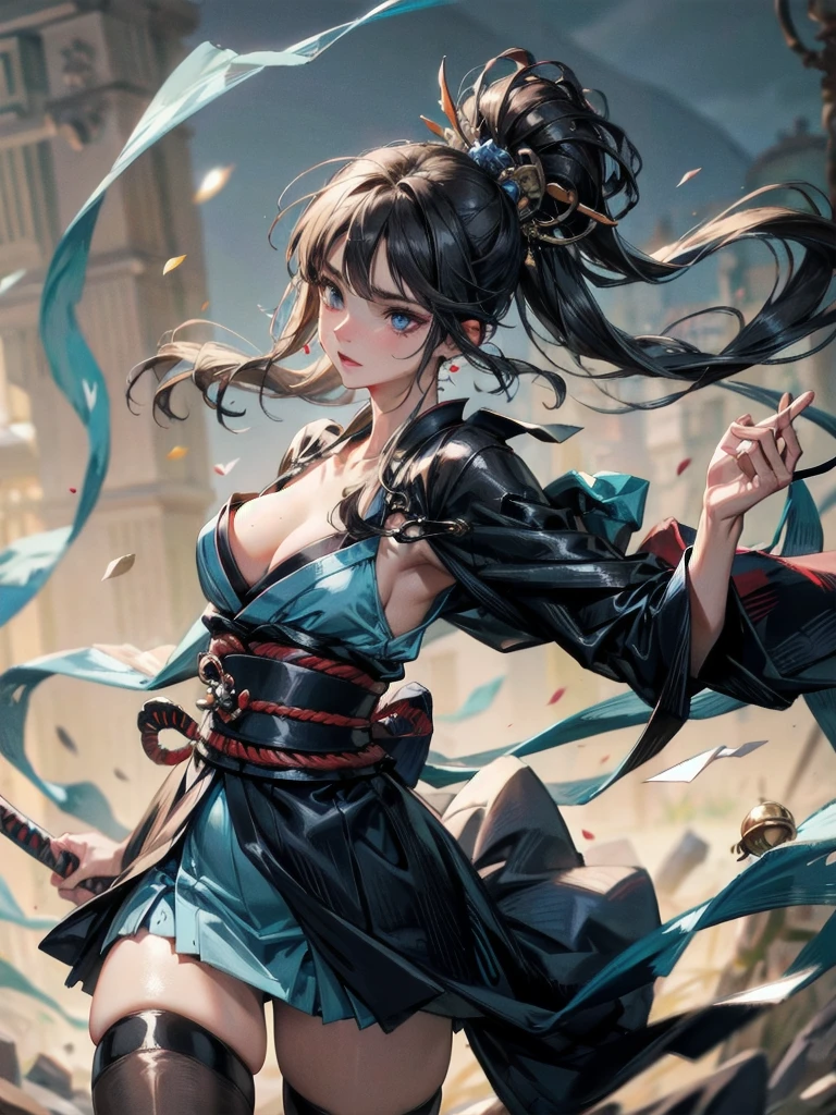 absurdres, RAW photo, extremely delicate and beautiful, masterpiece, Best Quality, ultra high resolution, 32k, hyperrealistic, ultra-detailed, in her 20s, delicate facial features, tearful mole, earring, , full body shot, shorter middle hair, black hair, shuimobysim, Japanese kimono, ninja, samurai, sword with blue flames,