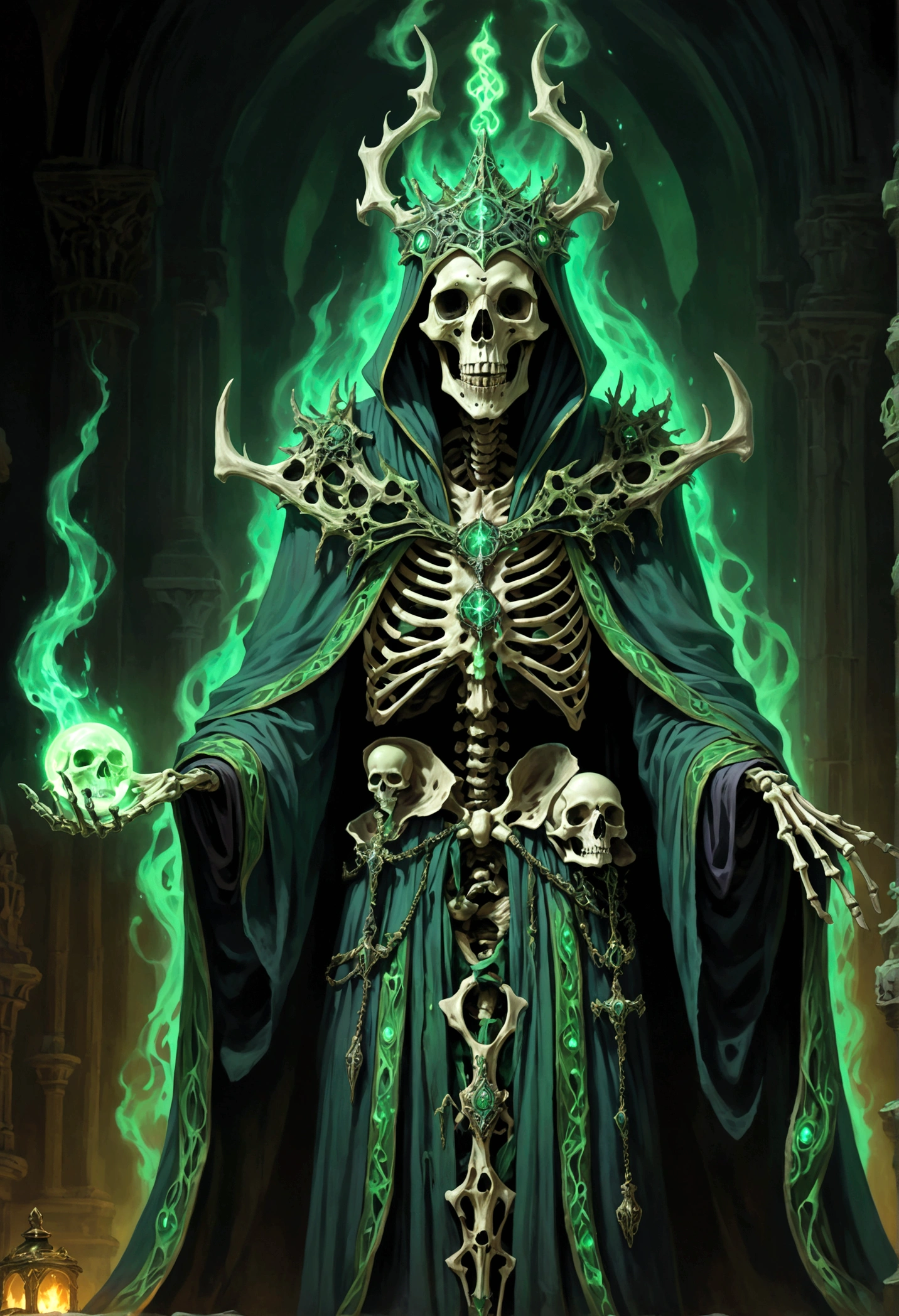 (((lich))), a skeletal figure with decaying bones, where flesh has peeled away, revealing the bones beneath with a sporadic greenish glow. Green flames flicker from empty eye sockets, reflecting infinite malice and hatred within. The figure is adorned in an ancient wizard robe, adorned with symbols corrupted by dark magic