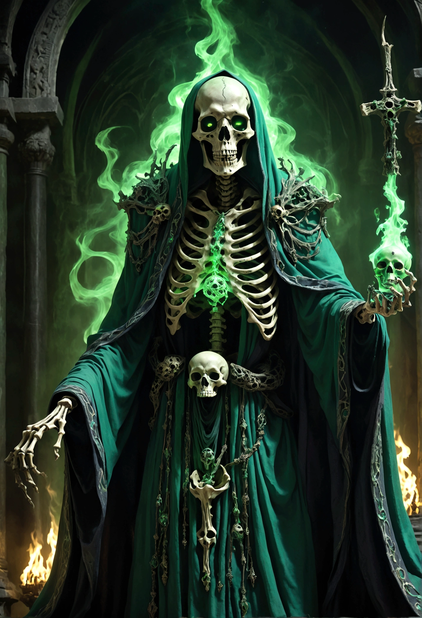 (((lich))), a skeletal figure with decaying bones, where flesh has peeled away, revealing the bones beneath with a sporadic greenish glow. Green flames flicker from empty eye sockets, reflecting infinite malice and hatred within. The figure is adorned in an ancient wizard robe, adorned with symbols corrupted by dark magic.