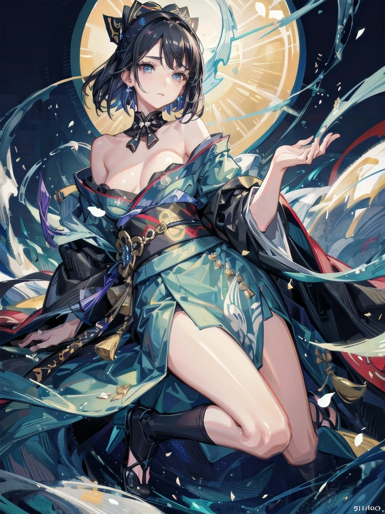 absurdres, RAW photo, extremely delicate and beautiful, masterpiece, Best Quality, ultra high resolution, 32k, hyperrealistic, ultra-detailed, in her 20s, delicate facial features, tearful mole, earring, medium breasts, full body shot, shorter middle hair, black hair, shuimobysim, Japanese kimono, ninja, samurai, sword with blue flames,