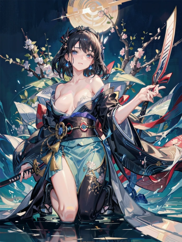 absurdres, RAW photo, extremely delicate and beautiful, masterpiece, Best Quality, ultra high resolution, 32k, hyperrealistic, ultra-detailed, in her 20s, delicate facial features, tearful mole, earring, medium breasts, full body shot, shorter middle hair, black hair, shuimobysim, Japanese kimono, ninja, samurai, sword with blue flames,