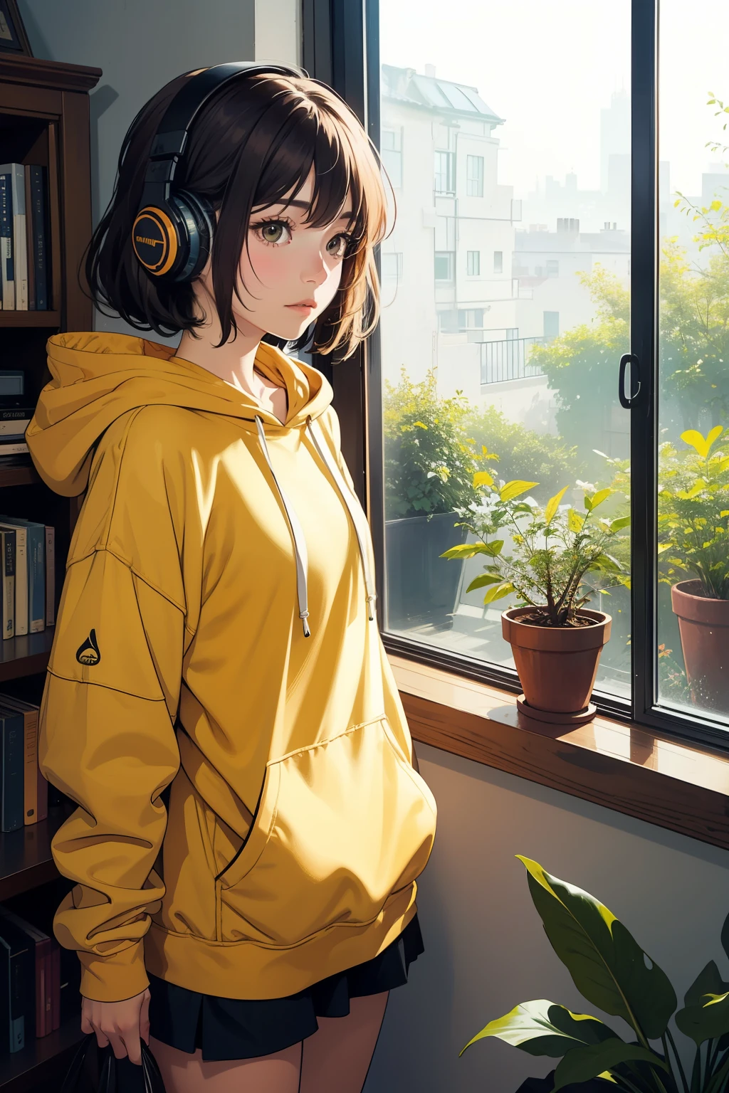 Design a vector illustration of a stylish girl in a hoodie, watching outside through her room's window. She should be wearing headphones, lost in her music, with a serene expression on her face. The room should have cozy elements like a small bookshelf and a plant. Use a warm color palette with shades of orange, yellow, and brown. The style should blend anime and digital art with clean, detailed lines.