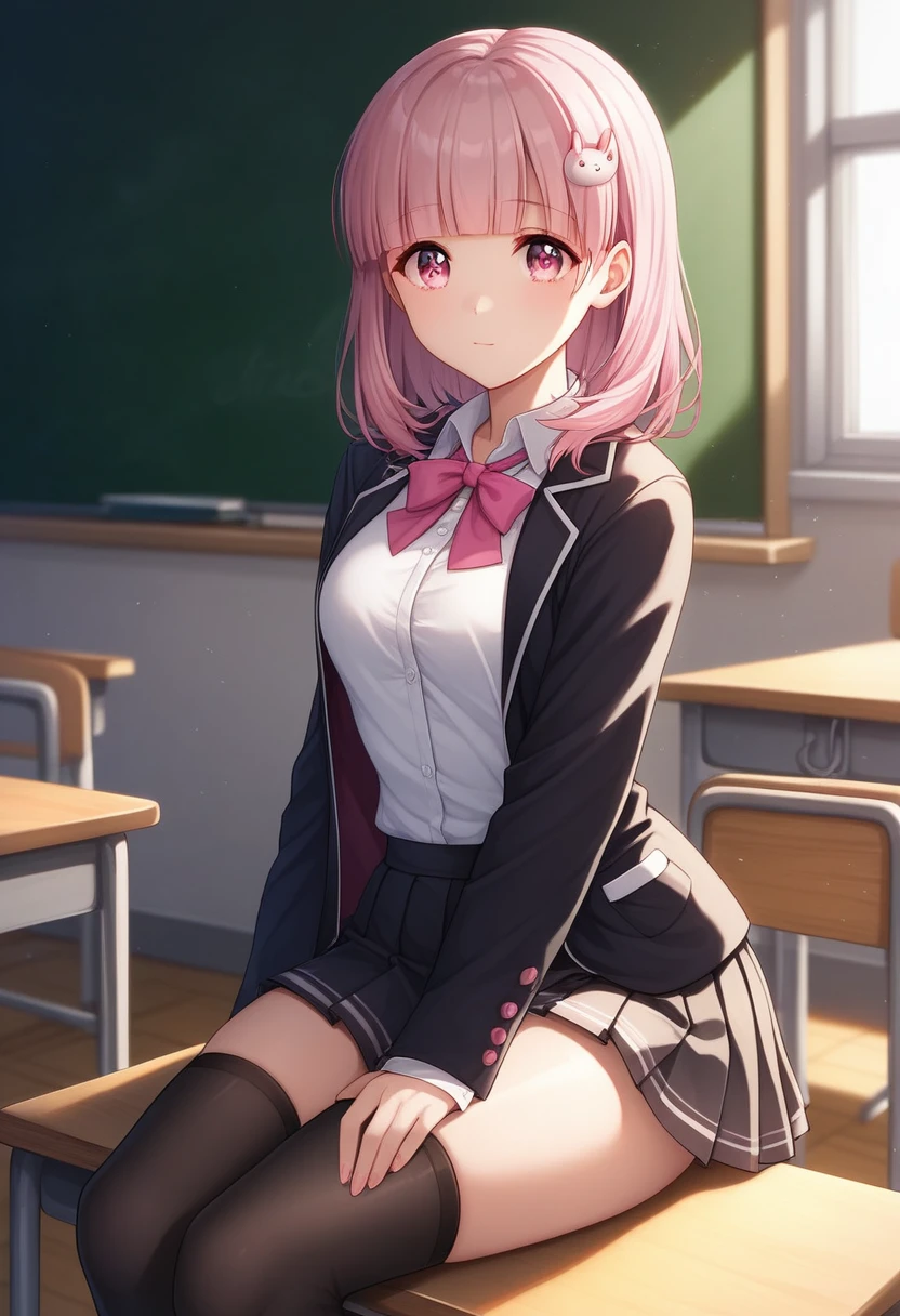chiakinanami, chiaki nanami, blunt bangs, pink hair, hair ornament, medium hair, (pink eyes:1.5),
BREAK black shirt, black jacket, jacket, long sleeves, neck ribbon, open clothes, open jacket, over-kneehighs, pink ribbon, pleated skirt, ribbon, shirt, skirt, thighhighs, two-tone shirt, white shirt,
BREAK looking at viewer,
BREAK indoors, classroom,
BREAK (masterpiece:1.2), best quality, high resolution, unity 8k wallpaper, (illustration:0.8), (beautiful detailed eyes:1.6), extremely detailed face, perfect lighting, extremely detailed CG, (perfect hands, perfect anatomy),
