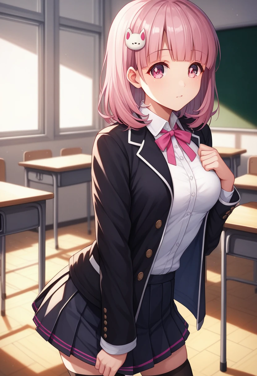 chiakinanami, chiaki nanami, blunt bangs, pink hair, hair ornament, medium hair, (pink eyes:1.5),
BREAK black shirt, black jacket, jacket, long sleeves, neck ribbon, open clothes, open jacket, over-kneehighs, pink ribbon, pleated skirt, ribbon, shirt, skirt, thighhighs, two-tone shirt, white shirt,
BREAK looking at viewer,
BREAK indoors, classroom,
BREAK (masterpiece:1.2), best quality, high resolution, unity 8k wallpaper, (illustration:0.8), (beautiful detailed eyes:1.6), extremely detailed face, perfect lighting, extremely detailed CG, (perfect hands, perfect anatomy),