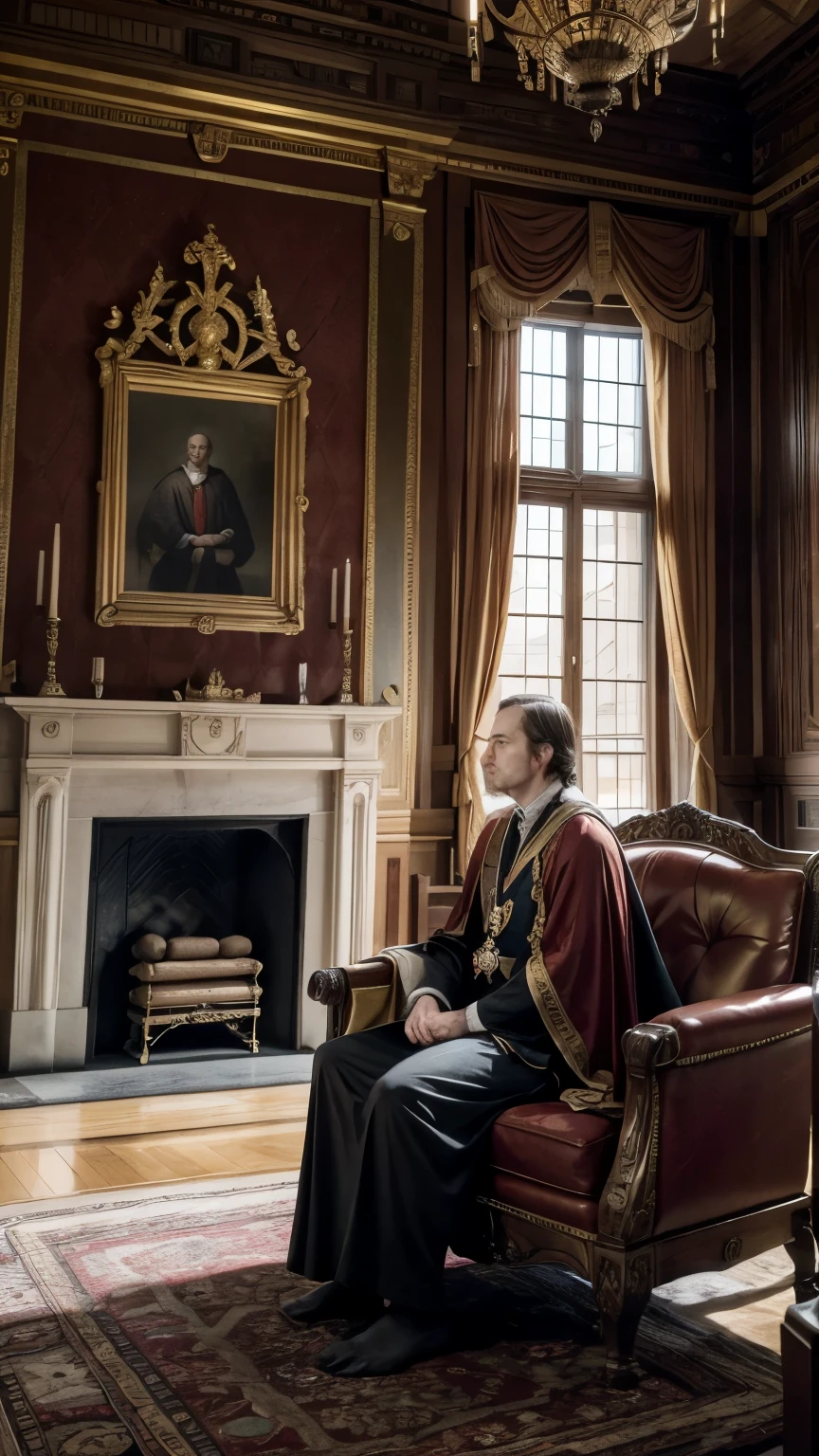 "Generate an image that represents King Philip IV of France sitting in an armchair in a medieval room, thoughtful and reflecting on the decisions you just made. At the bottom, some counselors are waiting to hear it.

The scene takes place in a large and opulent room of the royal palace., with stone walls adorned with detailed tapestries depicting historical and religious scenes. Tall stained glass windows let in natural light, creating a solemn and majestic atmosphere.

In the center of the image, King Philip IV is sitting in a sumptuous carved wooden armchair, covered with red velvet cushions. Wear a royal robe rich in gold and red details, and he wears an ermine cape that falls on his shoulders. Its simple but elegant crown rests on a small table nearby.. His expression is serious and contemplative., with his eyebrows furrowed and his gaze lost in space while he reflects deeply.

The king has a slightly hunched posture, with one hand resting on the armrest of the chair and the other resting on his lap. close to him, on a solid wood table, There are several documents and scrolls scattered, some with royal seals, indicating recent decisions you have made.

At the bottom de la sala, several counselors are standing or sitting, waiting silently to listen to the king. Councilors wear robes and capes that indicate their status and roles at court, and their expressions vary between expectation and concern.

in the living room, several golden chandeliers provide warm lighting, and a large fireplace in the background adds a touch of warmth and comfort to the environment. Shelves filled with books and scrolls reflect the importance of knowledge and administration at the royal court.

The general atmosphere of the image is one of tension and reflection, capturing the moment when King Philip IV of France meditates on the decisions he has made while his advisors wait anxiously 