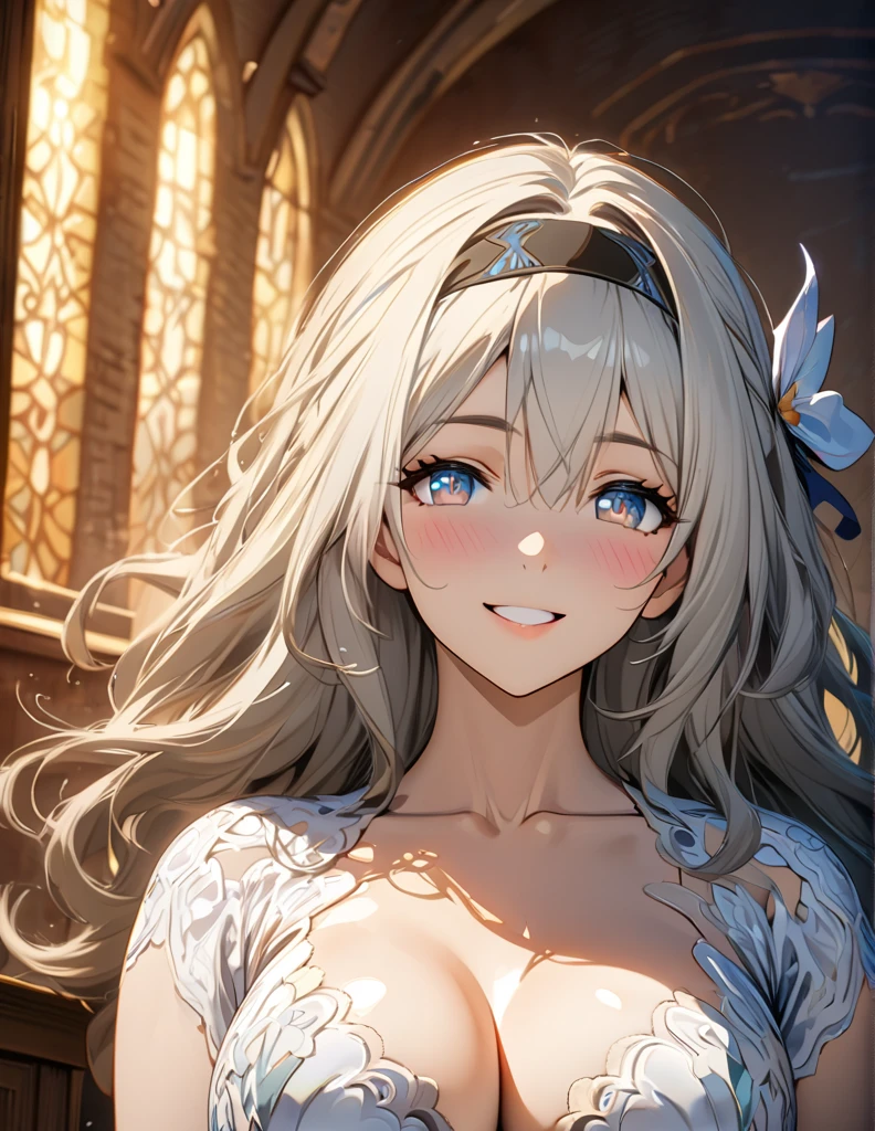 beautiful girl, long grey hair, beautiful face,smiling,close up to hips, beautiful breast, standing Infront of altar , (open mouth:0.4),illustration,detailed textures(realists),ultra-detailed,portrait style,vivid colors,soft lighting, blushing, mature, hair fluttering, evening light , head band, ((half body)), no bra, cleavage, wearing intricate two tones wedding dress, perky. ((side profile))