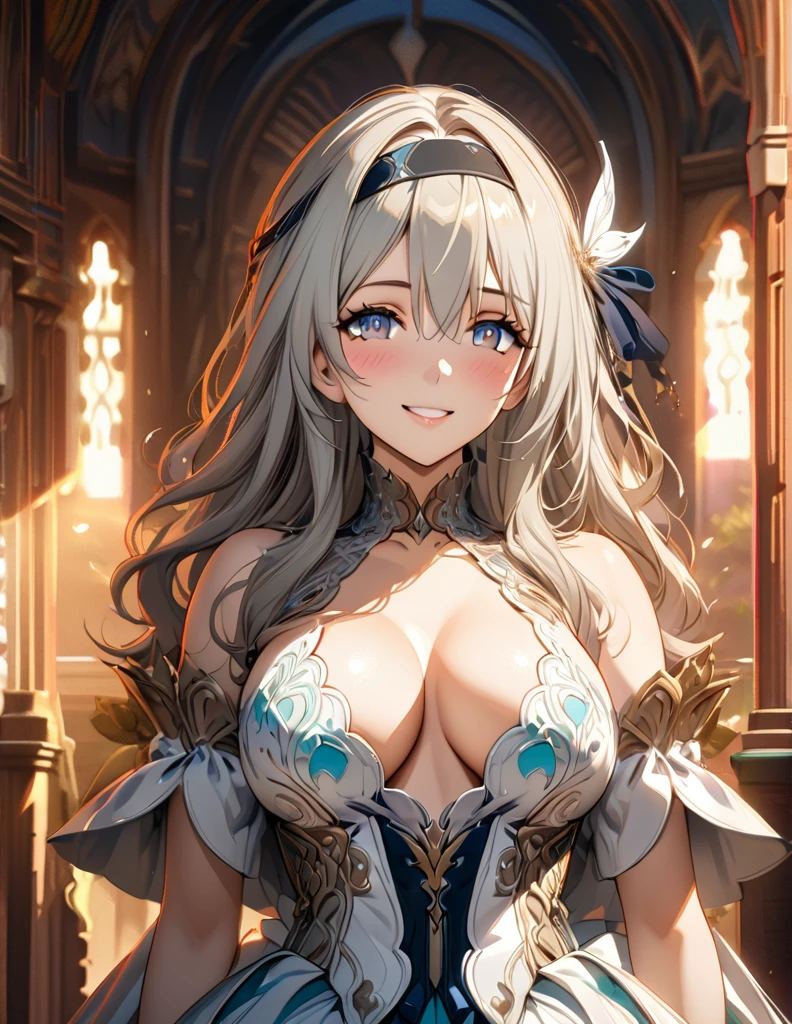 beautiful girl, long grey hair, beautiful face,smiling,close up to hips, beautiful breast, standing Infront of altar , (open mouth:0.4),illustration,detailed textures(realists),ultra-detailed,portrait style,vivid colors,soft lighting, blushing, mature, hair fluttering, evening light , head band, ((half body)), no bra, cleavage, wearing intricate two tones wedding dress, perky. ((side profile))