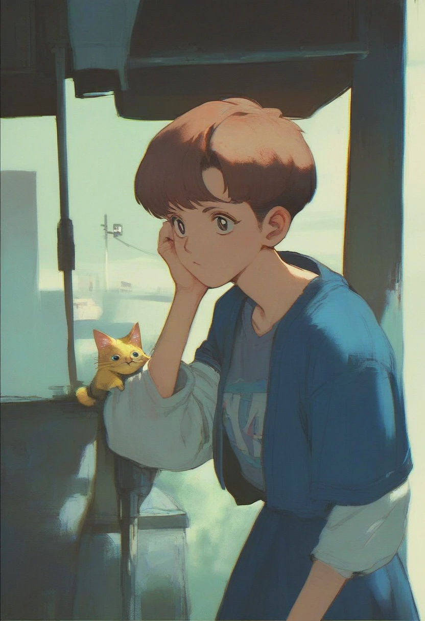 score_9, score_8_up, score_7_up, score_6_up, score_5_up, score_4_up, source_anime, 2.5D, slightly creepy cute girl, pixie cut, yellow cat-like eyes, peeking out from under streetlight on utility pole in dimly lit residential area, retro atmosphere like that of Osamu Tezuka's work, sci-fi horror cute fantasy
