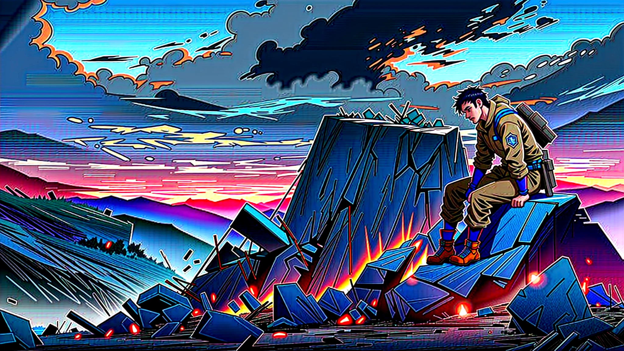 A strong, resilient man sitting on a rock in a desolate battlefield at twilight. He exudes a sense of enduring hope amidst an eternal struggle. Dressed in rugged, tattered clothing, he gazes into the distance with determination. The background is dramatic with a twilight sky, deep blues and purples, symbolizing a glimmer of hope. The landscape is barren, with remnants of a recent battle, like broken weapons and scattered debris. This scene captures a poignant moment of strength and hope in a war-torn environment.