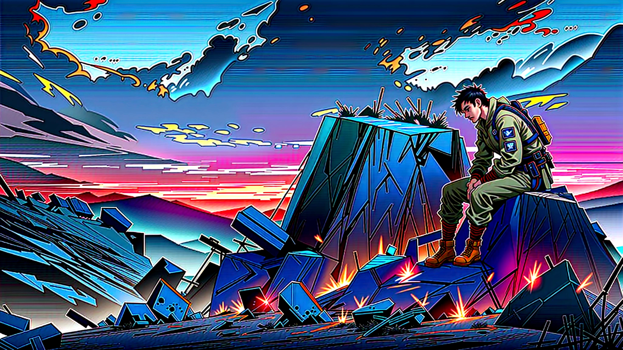 A strong, resilient man sitting on a rock in a desolate battlefield at twilight. He exudes a sense of enduring hope amidst an eternal struggle. Dressed in rugged, tattered clothing, he gazes into the distance with determination. The background is dramatic with a twilight sky, deep blues and purples, symbolizing a glimmer of hope. The landscape is barren, with remnants of a recent battle, like broken weapons and scattered debris. This scene captures a poignant moment of strength and hope in a war-torn environment.