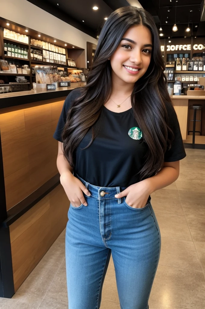 1 girl, age 25, long hair, hispanic, brown eyes, full body, conservative clothing, realistic, with multicultural friends carrying Starbucks