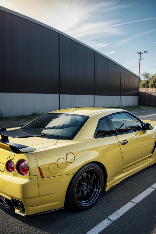 Create me a wallpaper to share with my boyfriend of a Nissan Skyline GTR 34, a yellow and a blue with a small letter qek A & O