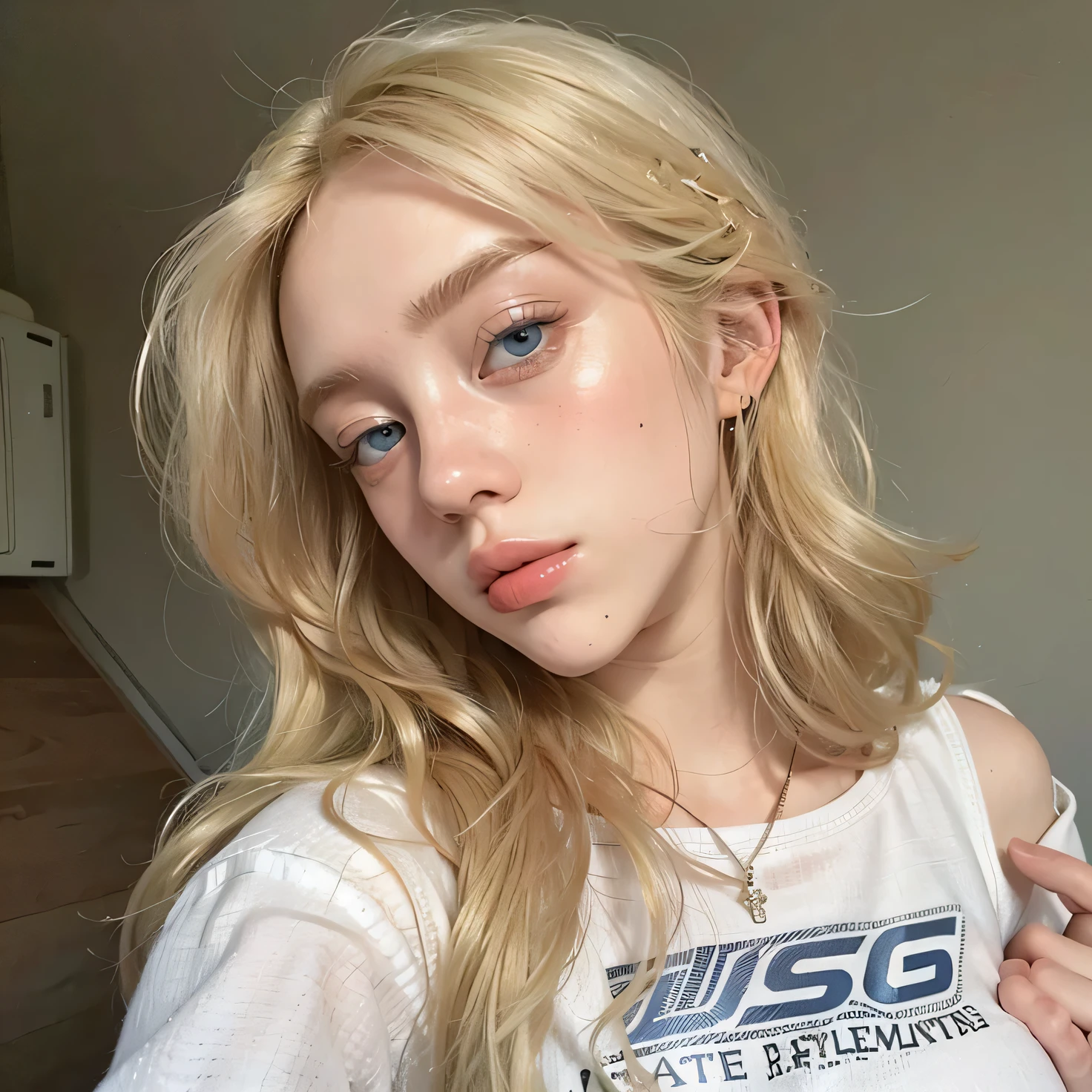 blonde woman with blue eyes and white shirt posing for a photo, Dasha Taran, Angelina Stroganova, Yelena Belova, Anna Nikolanova aka Newmilky, Instagram Template, Beautiful young model, Victoria Gavrilenko, pale skin curly blond hair, Alexandra Waliszewska, face like being exposed, without makeup