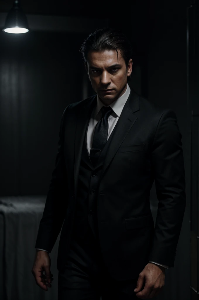 a businessman in a dark suit, dramatic lighting, serious facial expression, sinister, authoritative, powerful, chiaroscuro lighting, moody, cinematic, hyperrealistic, 8k, highly detailed, photorealistic, (best quality,4k,8k,highres,masterpiece:1.2),ultra-detailed,(realistic,photorealistic,photo-realistic:1.37),portrait, cinematic lighting, dark and moody atmosphere, intense gaze, sharp focus, dramatic shadows, elegant suit, professional, cinematic style