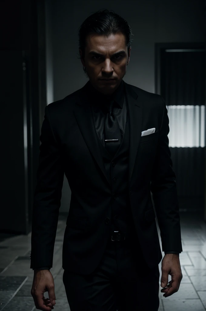 a businessman in a dark suit, dramatic lighting, serious facial expression, sinister, authoritative, powerful, chiaroscuro lighting, moody, cinematic, hyperrealistic, 8k, highly detailed, photorealistic, (best quality,4k,8k,highres,masterpiece:1.2),ultra-detailed,(realistic,photorealistic,photo-realistic:1.37),portrait, cinematic lighting, dark and moody atmosphere, intense gaze, sharp focus, dramatic shadows, elegant suit, professional, cinematic style