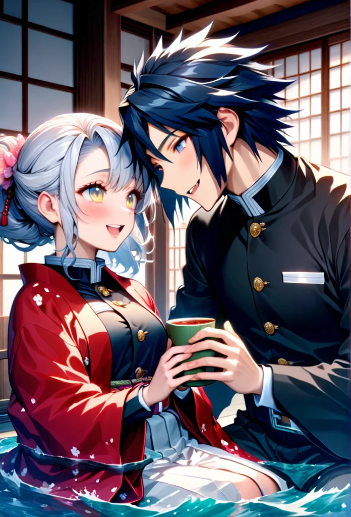 Ultra detailed, high resolution, absurd, HDR, masterpiece, anime girl and boy, beautiful woman with long white hair with deep red streaks, girl with yellow eyes, the girl is wearing a red haori, black demon slayer uniform, Kimetsu No Yaiba, fantasy, beautiful, Tomioka Giyu, strong Water Hashira, Tomioka holding a yunomi with tea, couple, romantic, inside a Japanese house, best quality, extremely detailed face, love, romance, anime, they are really in love, they are having fun together, drinking tea, smiling and laughing