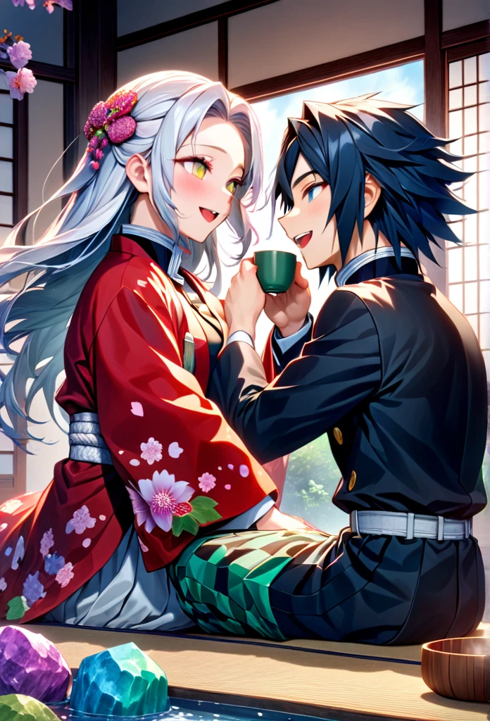 Ultra detailed, high resolution, absurd, HDR, masterpiece, anime girl and boy, beautiful woman (with long white hair with deep red streaks, girl (with yellow eyes), the girl (is wearing a red haori), black demon slayer uniform, Kimetsu No Yaiba, fantasy, beautiful, Tomioka Giyu, Hashira, Tomioka holding a yunomi with tea, couple, romantic, inside a Japanese house, best quality, extremely detailed face, love, romance, anime, they are really in love, they are having fun together, drinking tea, smiling and laughing, Tomioka is a strong men