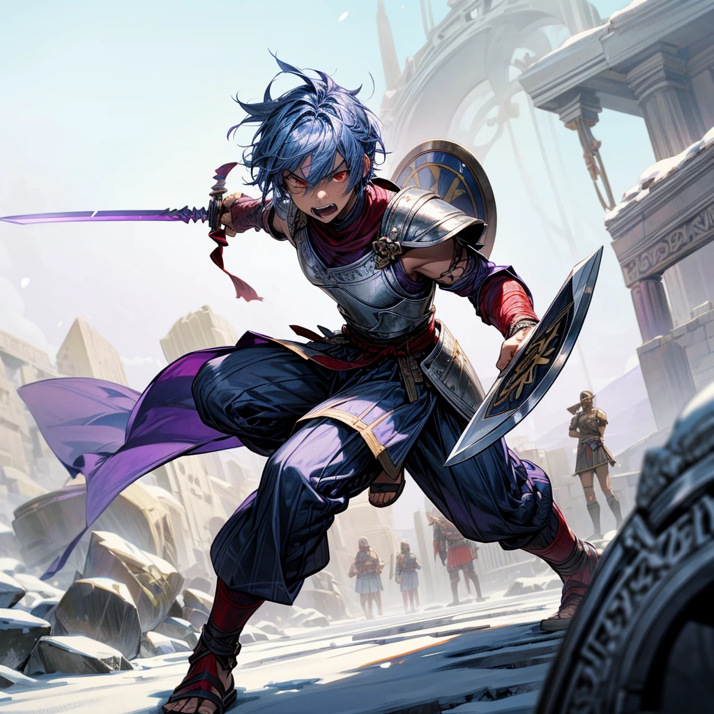 1boys orc, Full body version, red eyes, purple colour skins, angry eyes, cut hair, blue colour hair, angry expression, ancient greek clothing, gladiator sandals, Rapier sword in hand, small shield, silver armor vest, Grassroots background in snow, sunlight, sun, war gesture