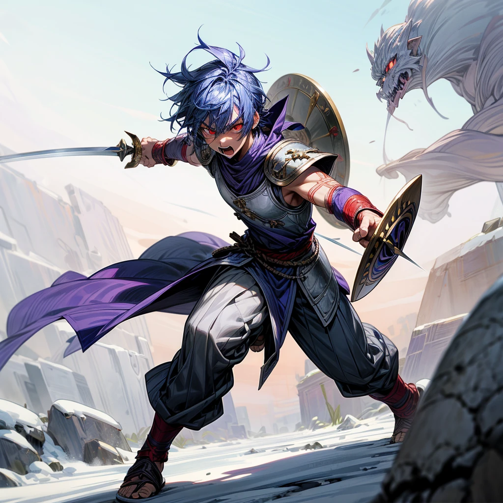 1boys orc, Full body version, red eyes, purple colour skins, angry eyes, cut hair, blue colour hair, angry expression, ancient greek clothing, gladiator sandals, Rapier sword in hand, small shield, silver armor vest, Grassroots background in snow, sunlight, sun, war gesture
