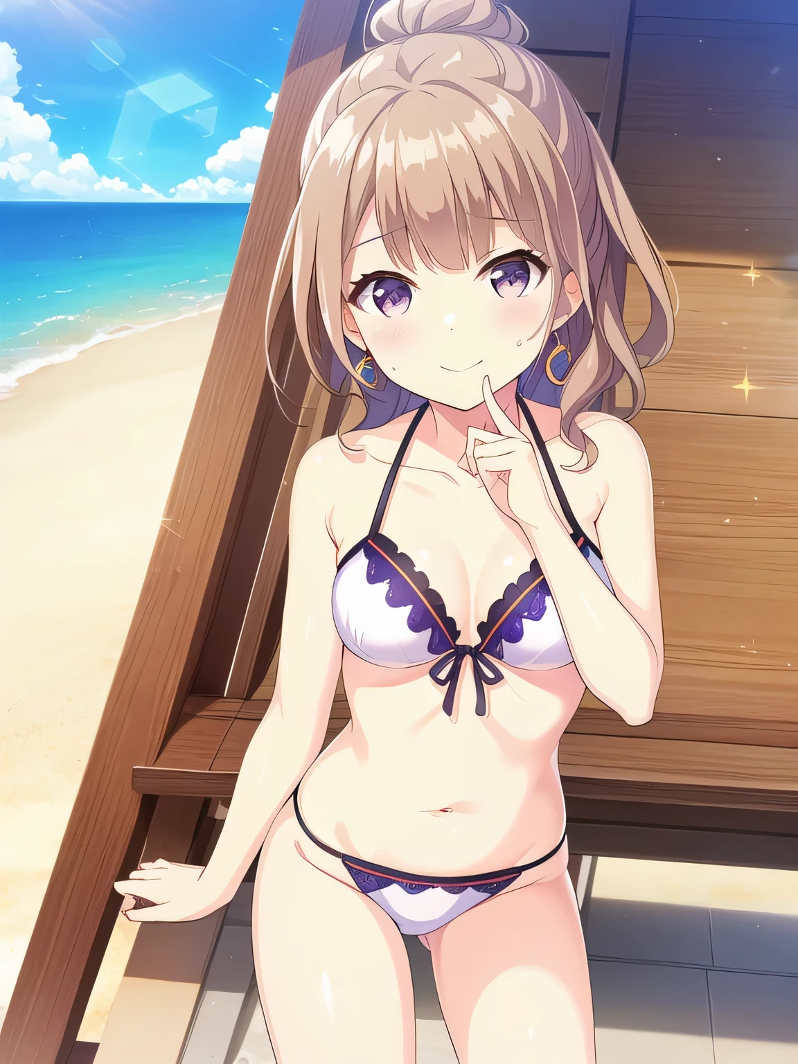 Highest quality, (masterpiece:1.2), Very detailed, (masterpiece), (figure),
Beach, sunlight,
Are standing, Close one eye、Put your hand over your mouth、
White Bikini, Chest cleavage,
One girl, alone, Brown Hair, Purple eyes, jewelry, Earrings, chest, bangs, medium chest, Shine, Eyebrows visible through hair, Sparkle, Lens flare,Active, looking up、Speed、close、,leaning forward, blush, (View your viewers), smile
