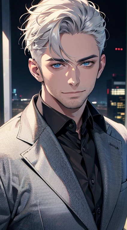 (best quality,4k,8k,highres,masterpiece:1.2),ultra-detailed,(realistic,photorealistic,photo-realistic:1.37),1 man,31 years old,mature man,very handsome,without expression,smile,short grey white hair,blue eyes,penetrating gaze,perfect face without errors,imposing posture,businessman,office background,cinematic lighting,hdr image