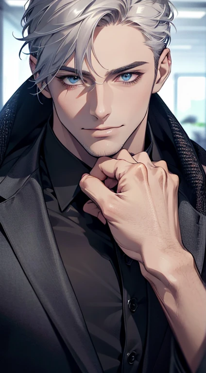(best quality,4k,8k,highres,masterpiece:1.2),ultra-detailed,(realistic,photorealistic,photo-realistic:1.37),1 man,31 years old,mature man,very handsome,without expression,smile,short grey white hair,blue eyes,penetrating gaze,perfect face without errors,imposing posture,businessman,office background,cinematic lighting,hdr image