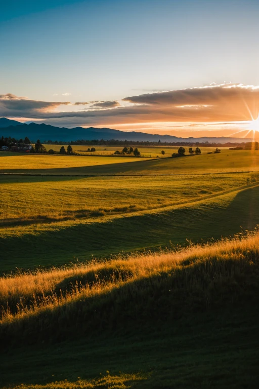 Sunset,mountains in the horizon,moderate clouds and a long stretching grass field