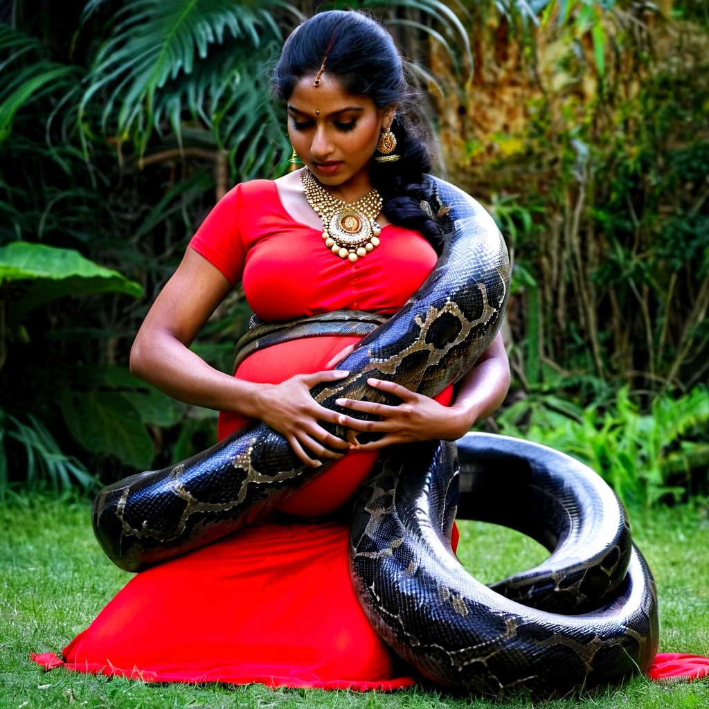  Pregnant  Happy Horny, aroused 1girl), beautiful kneeling indian young teen girl  with  giant colossal black titanboa squeezing her hard, wrapped in thick spiraling coils, constricted, struggle, gasping for air, snake attack, snake peril, moonless night, dim light