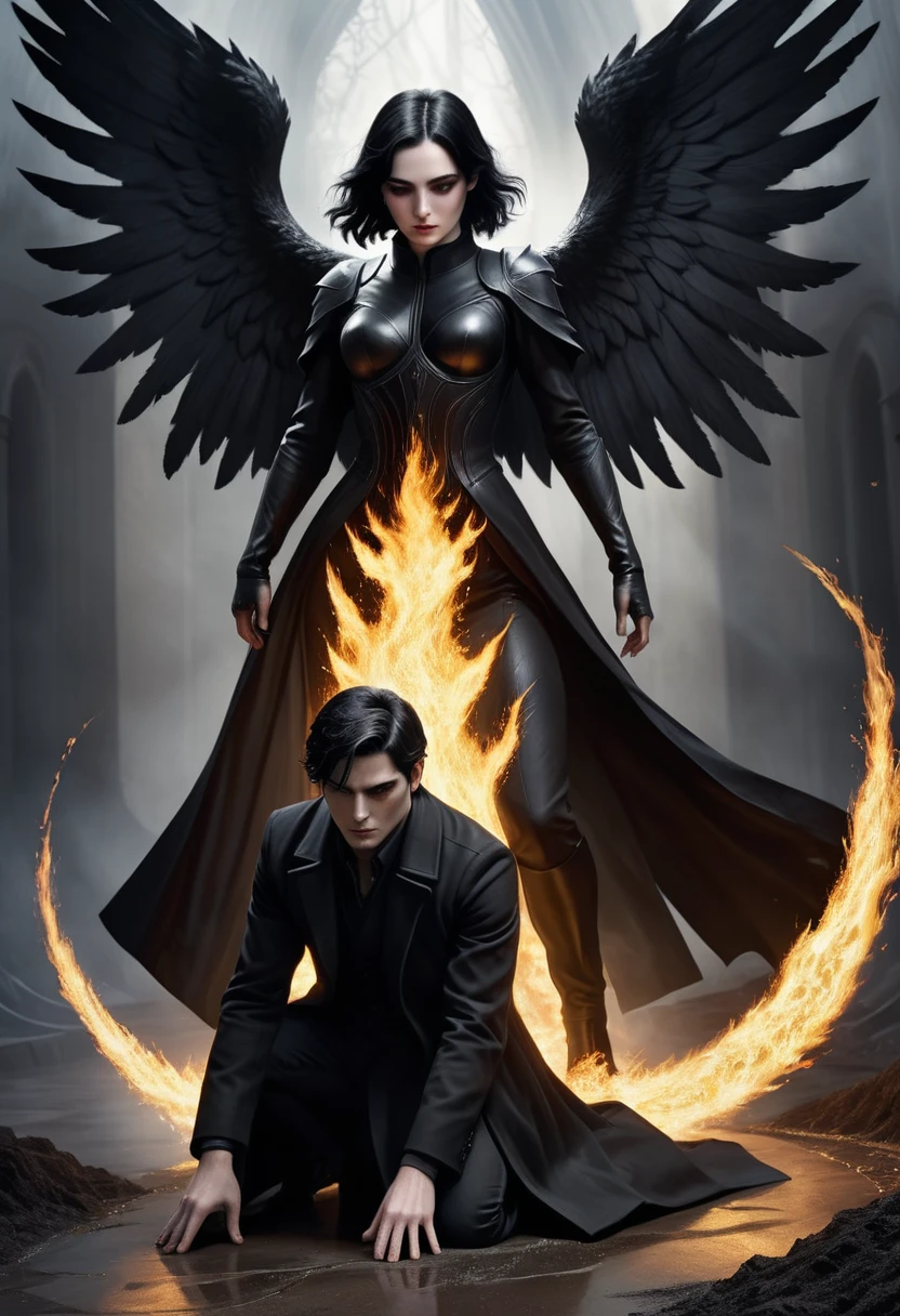 Dark Book Cover:
A fallen male angel dominates the scene, its immense black wings contrasting with its pale skin. Her short black hair falls wildly over her face., partially hiding your dark eyes. He is kneeling, with one knee touching the rough ground, wrapped in a long black overcoat that flaps in the wind. Behind him, a flaming portal to hell emerges, radiating a sinister and threatening light, projecting shadows that seem to move with a life of their own. The atmosphere is filled with despair and mystery, capturing the essence of a world lost between redemption and damnation.
Create only one character in the scene