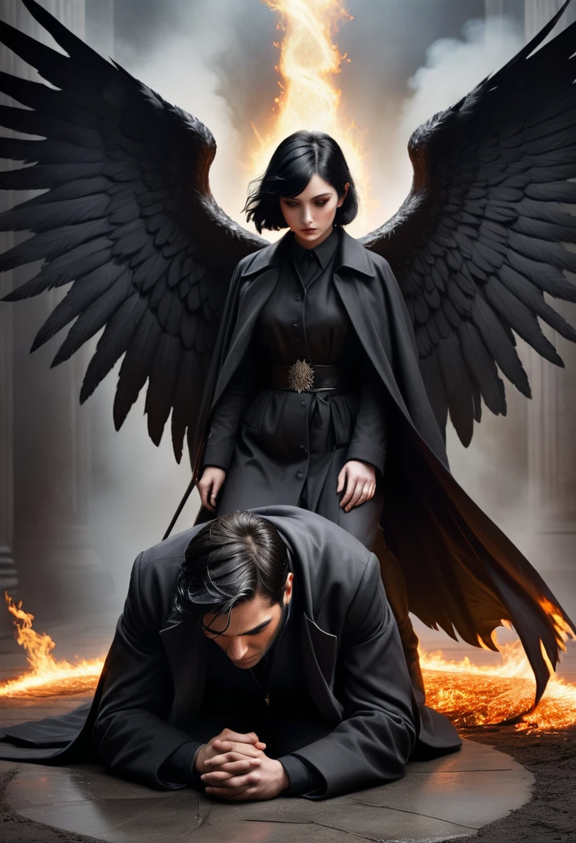 Dark Book Cover:
A fallen male angel dominates the scene, its immense black wings contrasting with its pale skin. Her short black hair falls wildly over her face., partially hiding your dark eyes. He is kneeling, with one knee touching the rough ground, wrapped in a long black overcoat that flaps in the wind. Behind him, a flaming portal to hell emerges, radiating a sinister and threatening light, projecting shadows that seem to move with a life of their own. The atmosphere is filled with despair and mystery, capturing the essence of a world lost between redemption and damnation.
Create only one character in the scene