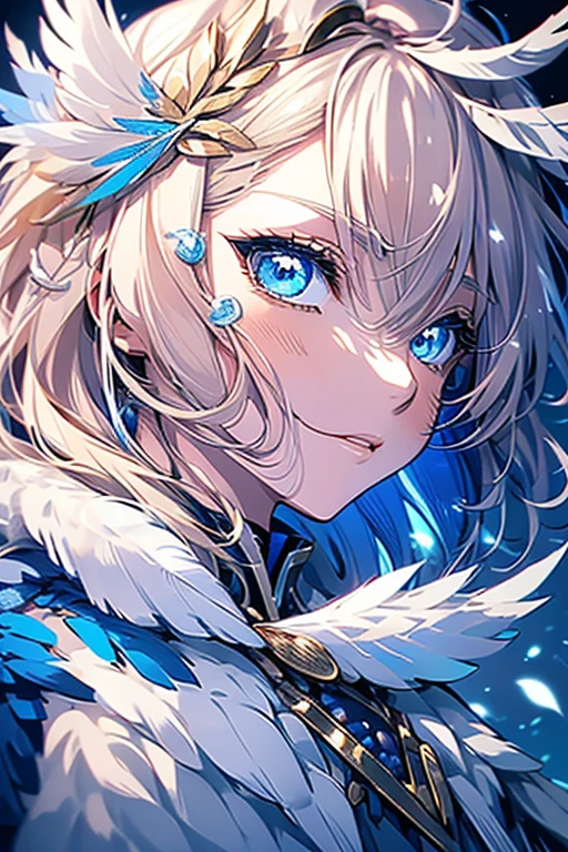 4K quality:1.2,super beautiful illustration:1.2,seraphim,((Six white feathers on the back)),blond,Long hairstyles,((beautiful cobalt blue eyes:1.2)),null