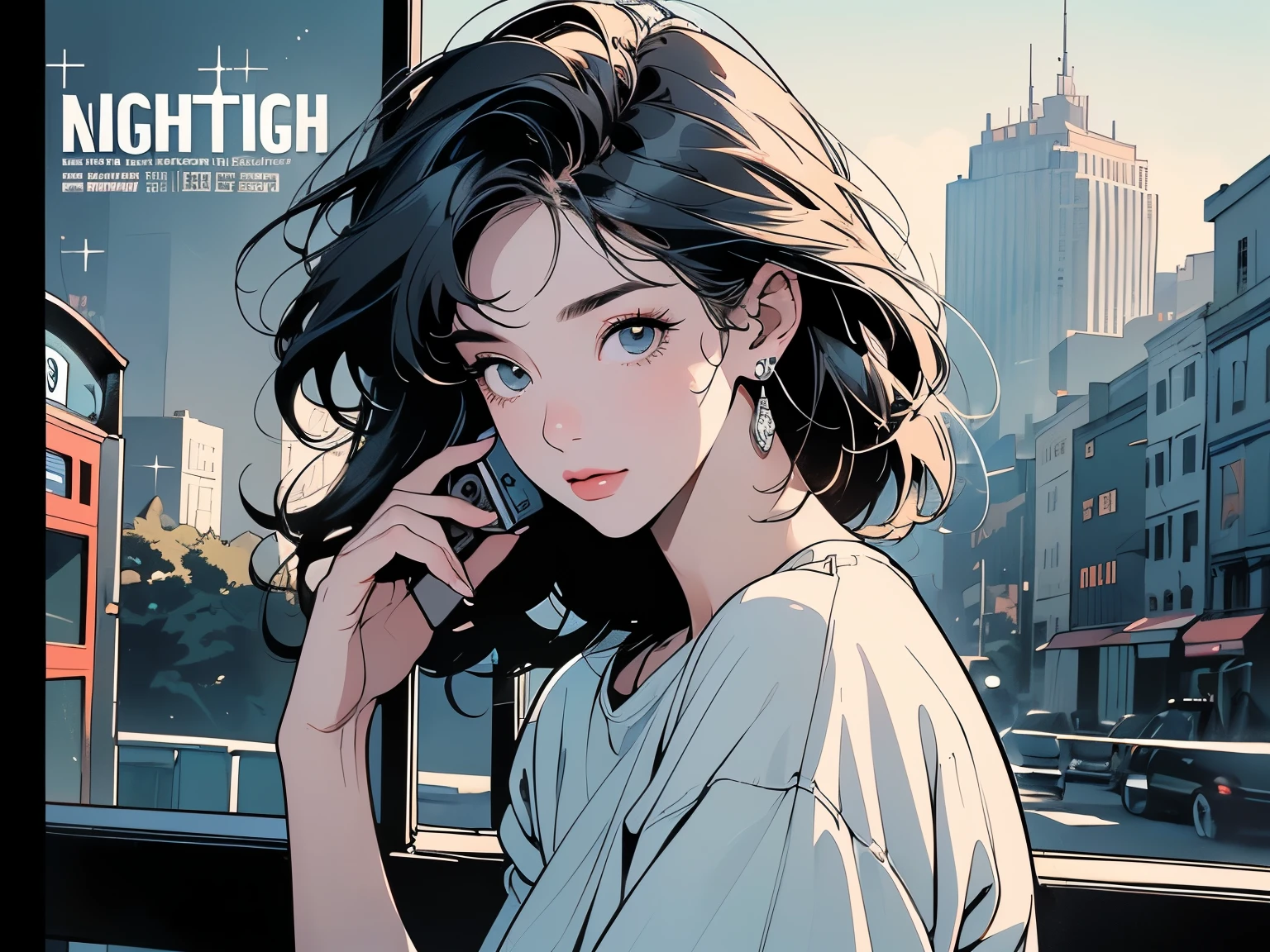 (((Fisheye Lens))), Very wide white background, Superior quality, masterpiece, 32k, Depth of written boundary, Intricate details, (((unmanned))), Very large margins, Lots of text, Company logo, space, Movie Posters,(((Mossy buildings))),Nostalgia, (((City of night))), Panorama, Long Shot, Backlight, (((Dull colors))),(((Only One Woman))), (((Perfect Face))), 14k, (((Highly detailed background))), (((Highest quality))),(((Cowboy Shot))), Ultra detailed hair, (((Faint lighting))),(((A variety of unique hairstyles))), Super beauty, (((Ultra detailed face))), ((((Different angles)))), (((The wind is blowing))), (((Different hair colors))),(((Very detailed and beautiful sparkling eyes)))(((Light on the face.))),(((Flat Chest))),(((Black short sleeve sweatshirt)))R,(((mysterious))),(((Destroyed city))),short hair,((Submerged City)),(((Hold the smartphone to your ear)))、Perfect hands、Perfect Fingers、(((Telephone booth)))、完璧なTelephone booth、詳細なTelephone booth、、Magazine Cover、The perfect smartphone、Detailed smartphone