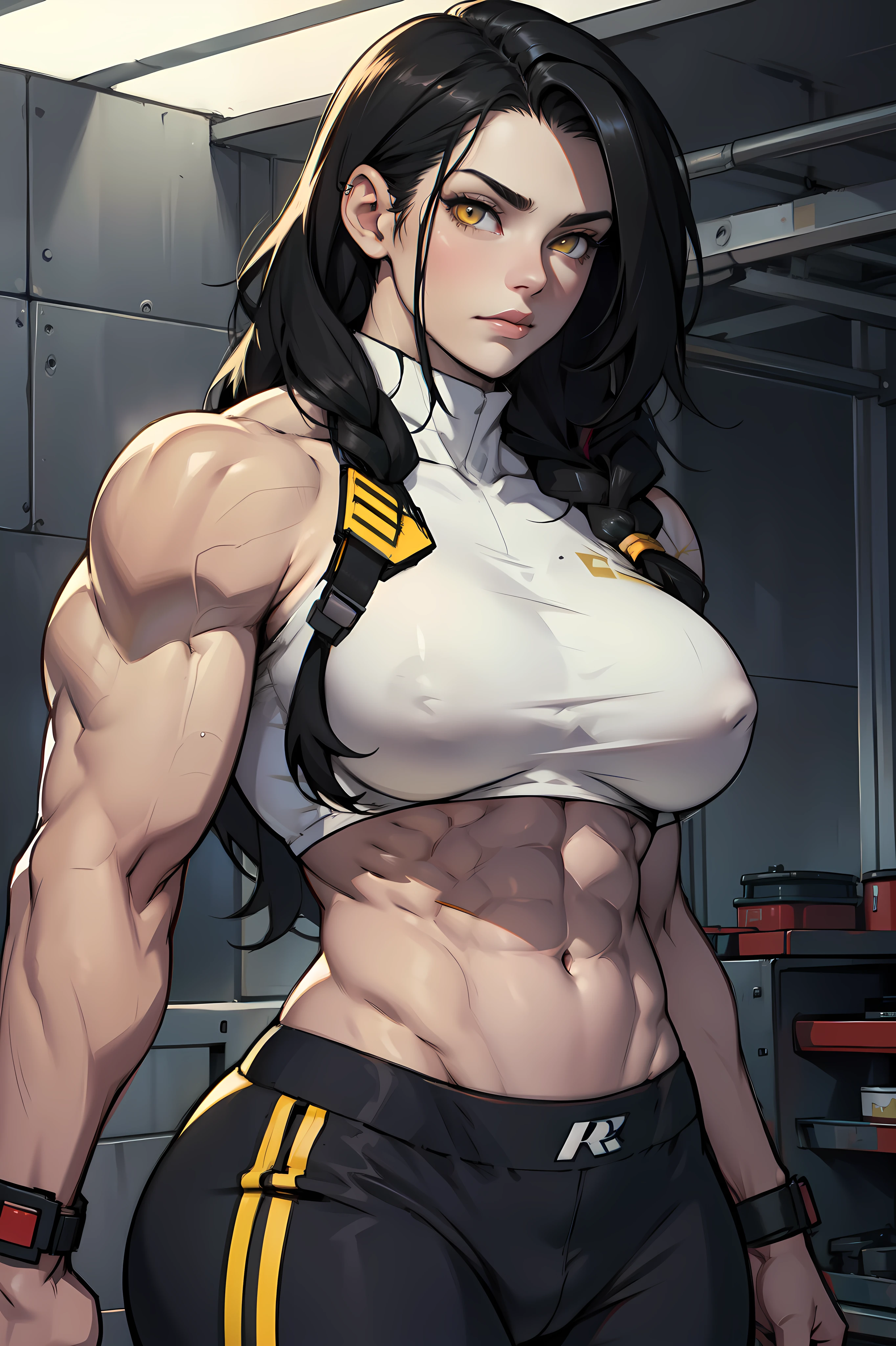 1girl pale skin black hair long hair yellow eyes breasts breasts breasts breasts breasts muscular muscular muscular muscular muscular muscular muscular muscular muscular