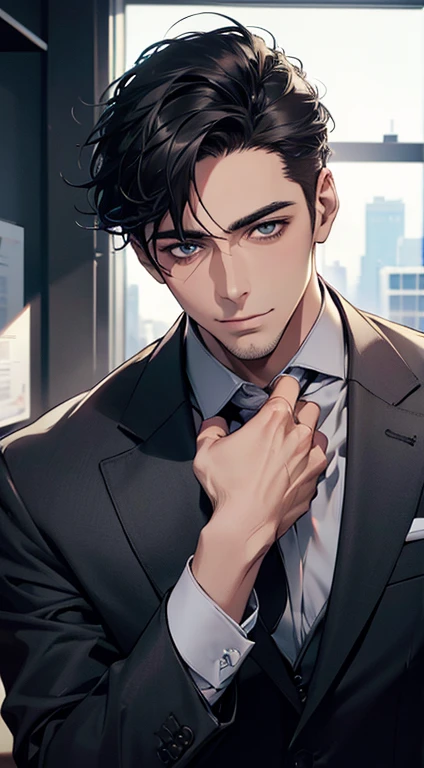 (best quality,4k,8k,highres,masterpiece:1.2),ultra-detailed,(realistic,photorealistic,photo-realistic:1.37),1 man,31 years old,mature man,very handsome,without expression,smile,short grey black hair,blue eyes,penetrating gaze,perfect face without errors,imposing posture,businessman,office background,cinematic lighting,hdr image