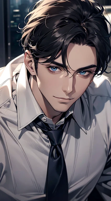 (best quality,4k,8k,highres,masterpiece:1.2),ultra-detailed,(realistic,photorealistic,photo-realistic:1.37),1 man,31 years old,mature man,very handsome,without expression,smile,short grey black hair,blue eyes,penetrating gaze,perfect face without errors,imposing posture,businessman,office background,cinematic lighting,hdr image
