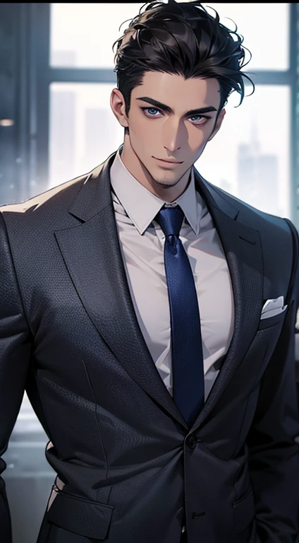 (best quality,4k,8k,highres,masterpiece:1.2),ultra-detailed,(realistic,photorealistic,photo-realistic:1.37),1 man,31 years old,mature man,very handsome,without expression,smile,short grey black hair,blue eyes,penetrating gaze,perfect face without errors,imposing posture,businessman,office background,cinematic lighting,hdr image