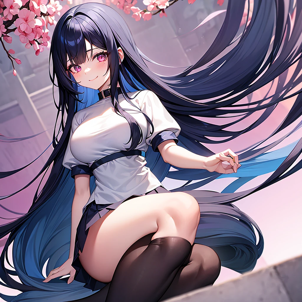 An anime girl with very long dark blue hair with straight bangs with some strands of hair on the side of her cheeks, slanted fuchsia eyes with a smile on her face mature body a mole under each eye with a gray skirt with long stockings up to her legs and a white shirt with blue lines