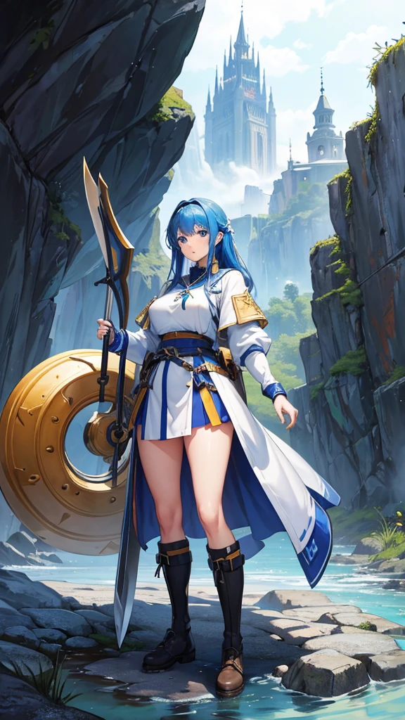 (masterpiece, 4K ,Super detailed:1.2), (anime:1), whole body側面図, jRPG Characters, jRPG Characters art, RPG Characters, View Viewer, Blue Hair, ((Female Swordsman), (Medieval), whole body, (Perfect quality), Pure white background, Lots of white space, whole bodyが写っている, mini skirt, whole body写真, Heavy equipment, Adventure boots