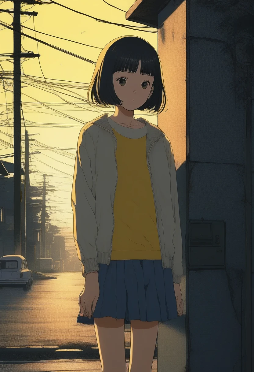 score_9, score_8_up, score_7_up, score_6_up, score_5_up, score_4_up, source_anime, 2.5D, slightly creepy cute girl, pixie cut, yellow cat-like eyes, peeking out from under streetlight on utility pole in dimly lit residential area, retro atmosphere like that of Osamu Tezuka's work, sci-fi horror cute fantasy