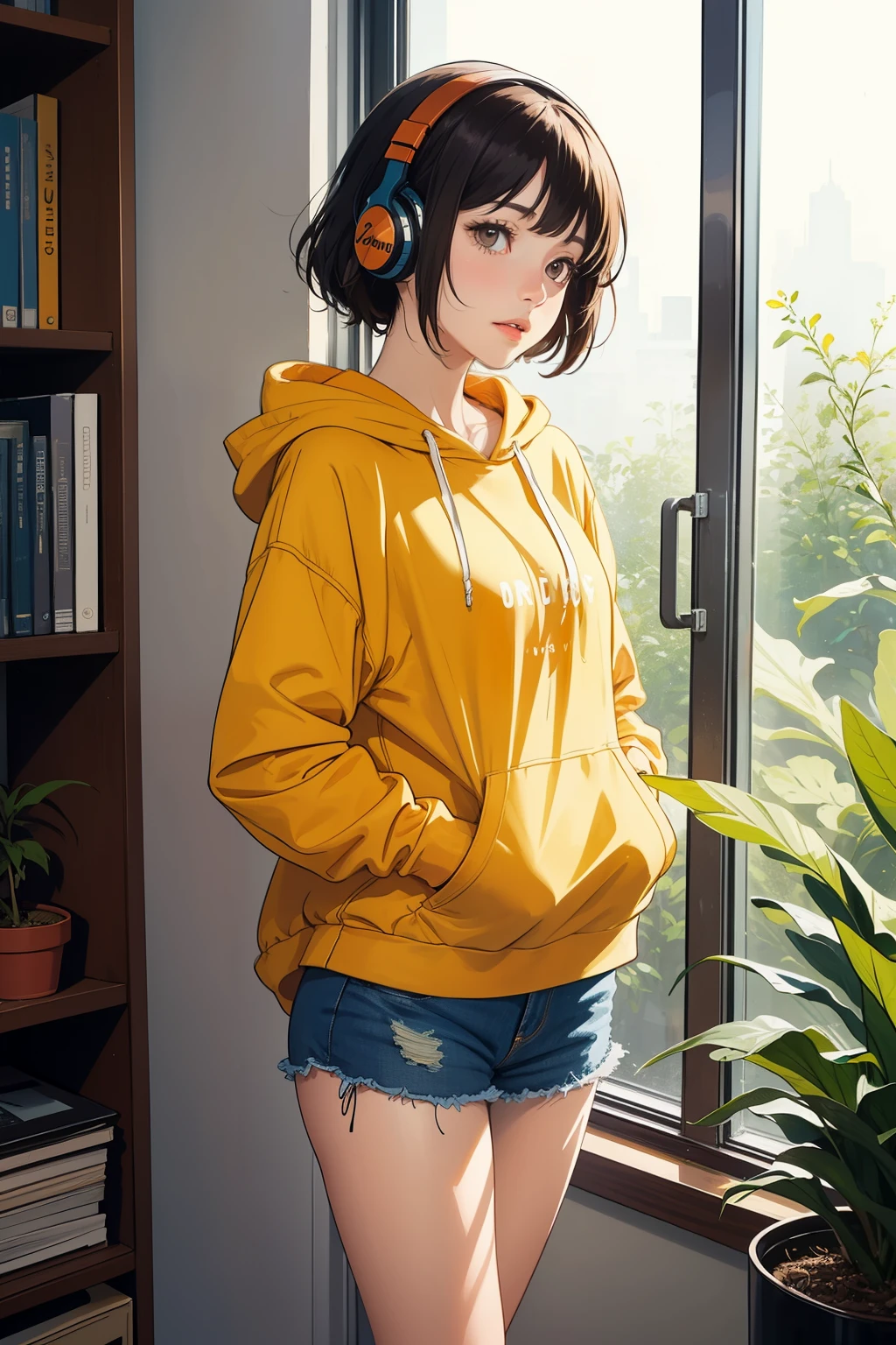 Design a vector illustration of a stylish girl in a hoodie, watching outside through her room's window. She should be wearing headphones, lost in her music, with a serene expression on her face. The room should have cozy elements like a small bookshelf and a plant. Use a warm color palette with shades of orange, yellow, and brown. The style should blend anime and digital art with clean, detailed lines.