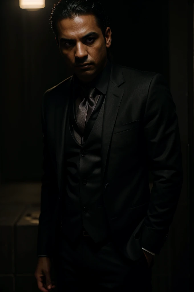 a egyption businessman in a dark suit, dramatic lighting, serious facial expression, sinister, authoritative, powerful, chiaroscuro lighting, moody, cinematic, hyperrealistic, 8k, highly detailed, photorealistic, (best quality,4k,8k,highres,masterpiece:1.2),ultra-detailed,(realistic,photorealistic,photo-realistic:1.37),portrait, cinematic lighting, dark and moody atmosphere, intense gaze, sharp focus, dramatic shadows, elegant suit, professional, cinematic style