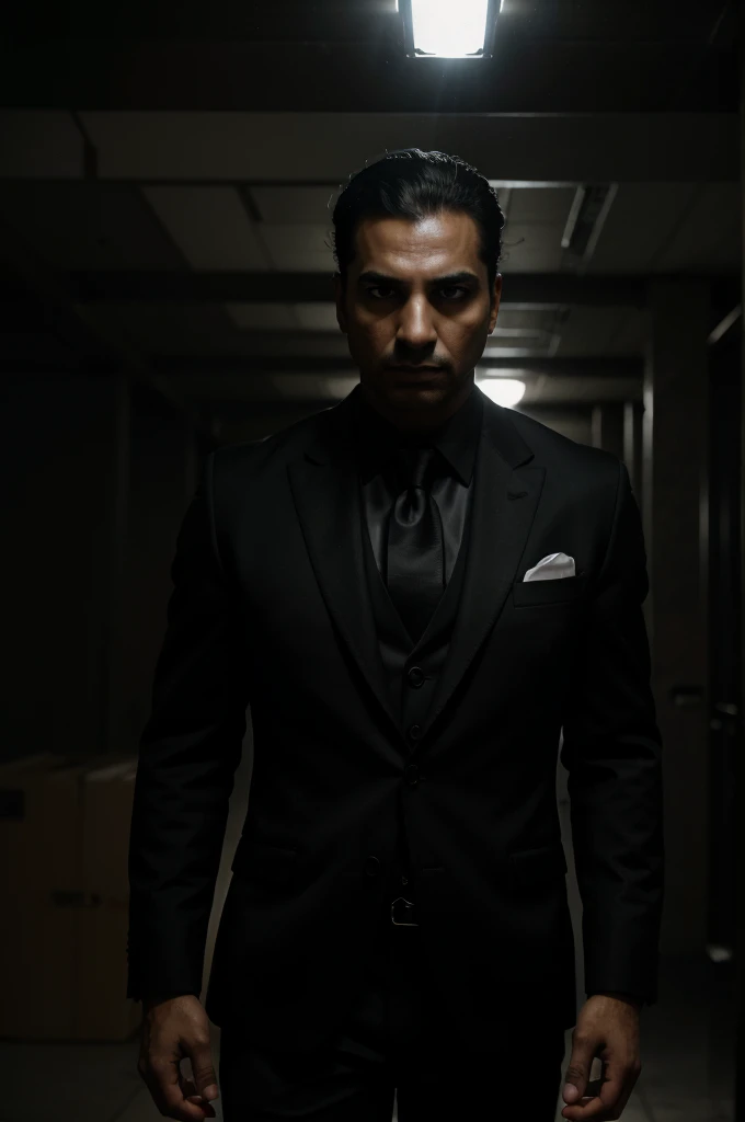 a egyption businessman in a dark suit, dramatic lighting, serious facial expression, sinister, authoritative, powerful, chiaroscuro lighting, moody, cinematic, hyperrealistic, 8k, highly detailed, photorealistic, (best quality,4k,8k,highres,masterpiece:1.2),ultra-detailed,(realistic,photorealistic,photo-realistic:1.37),portrait, cinematic lighting, dark and moody atmosphere, intense gaze, sharp focus, dramatic shadows, elegant suit, professional, cinematic style