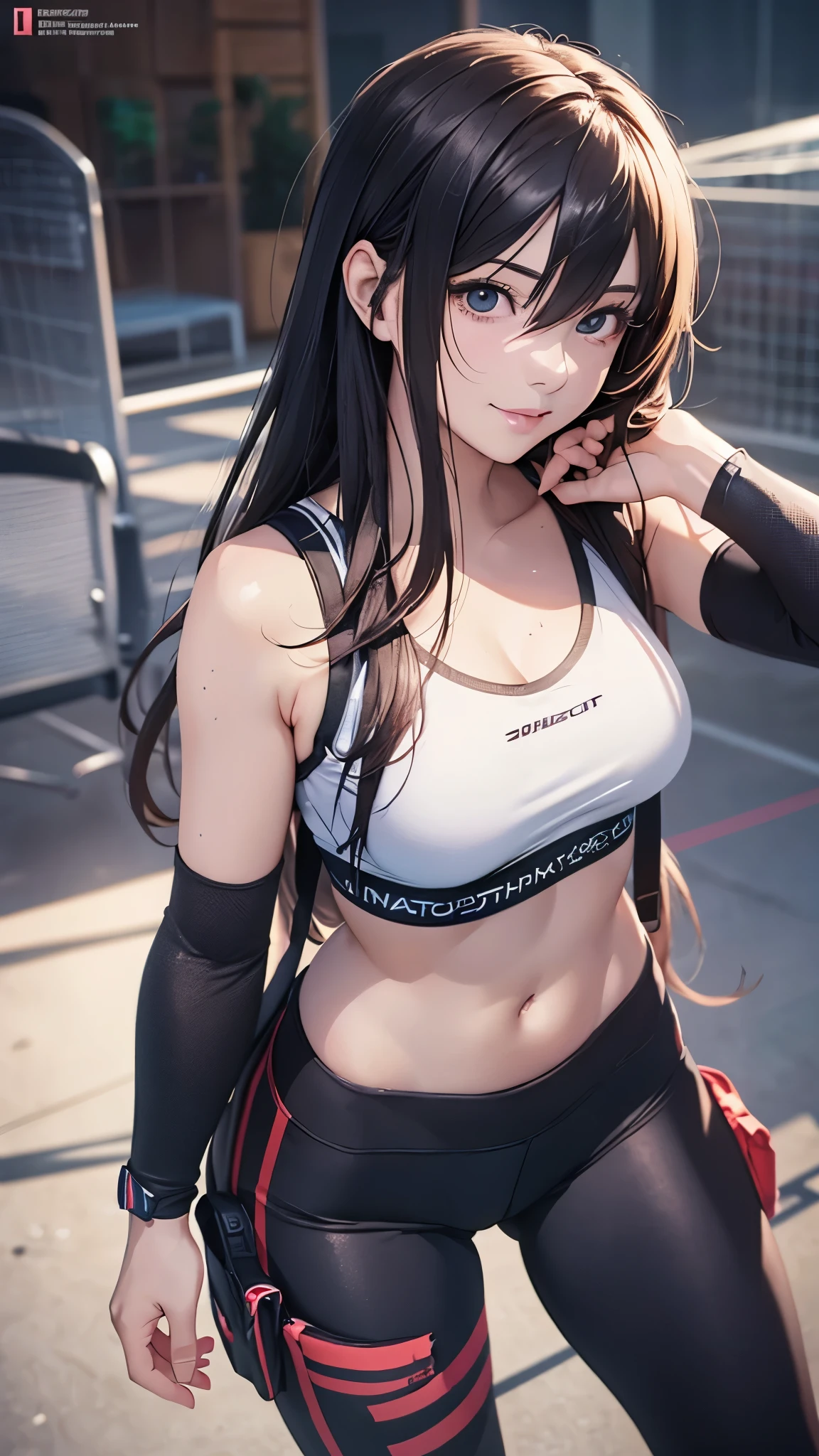 (highest quality,4K,8K,High resolution,table top:1.2), Super detailed, (realistic,photorealistic,photo-realistic:1.37), full body,meadow girl, sweating,grin and laugh,put your hands on your hips,((sports bra and black leggings)), Wristband,beautiful and detailed eyes, beautiful detailed lips, highly detailed eyes and face, long eyelashes, realistic anime 3D style, Smooth anime CG art, Digital rendering by Makoto Shinkai, Moe anime art style, photorealistic rendering of an anime girl, Shinkai Makoto style, Cute anime girl visuals, realistic young anime girl, girl fan art, Created by Anime Artist'studio of.