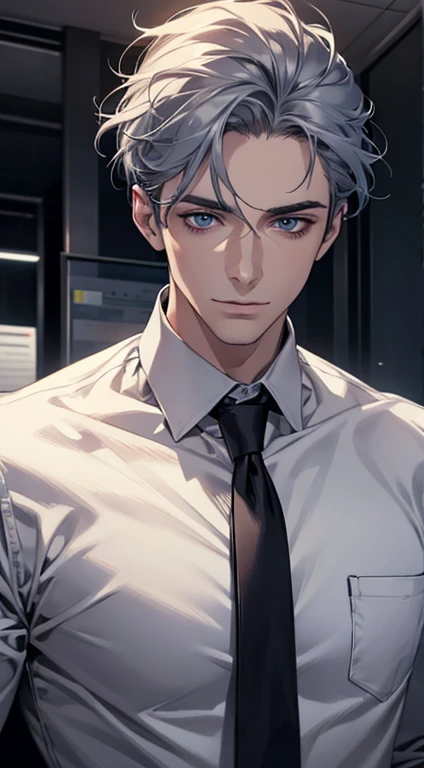 (best quality,4k,8k,highres,masterpiece:1.2),ultra-detailed,(realistic,photorealistic,photo-realistic:1.37),1 man,31 years old,mature man,very handsome,without expression,smile,short grey blue hair,blue eyes,penetrating gaze,perfect face without errors,imposing posture,businessman,office background,cinematic lighting,hdr image