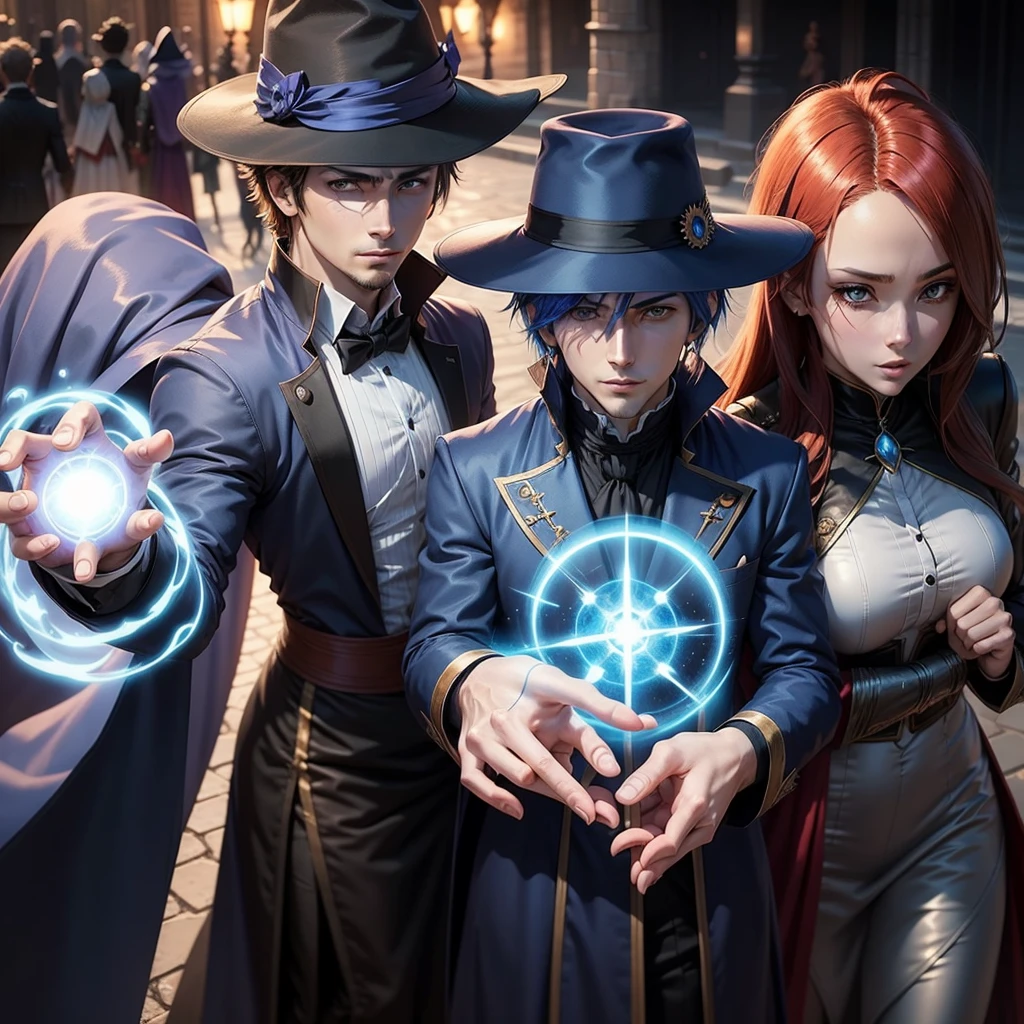 Create an Anime Cover "Mages" with three main characters., placement of the character guy magician in the center